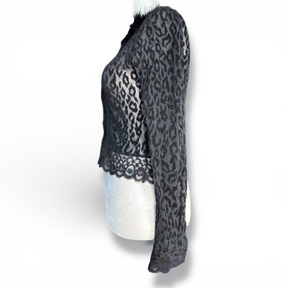 Vintage Ann Ferriday Leopard Print Lace Top Faux Fur Collar Sheer Black Gothic - Picture 3 of 10